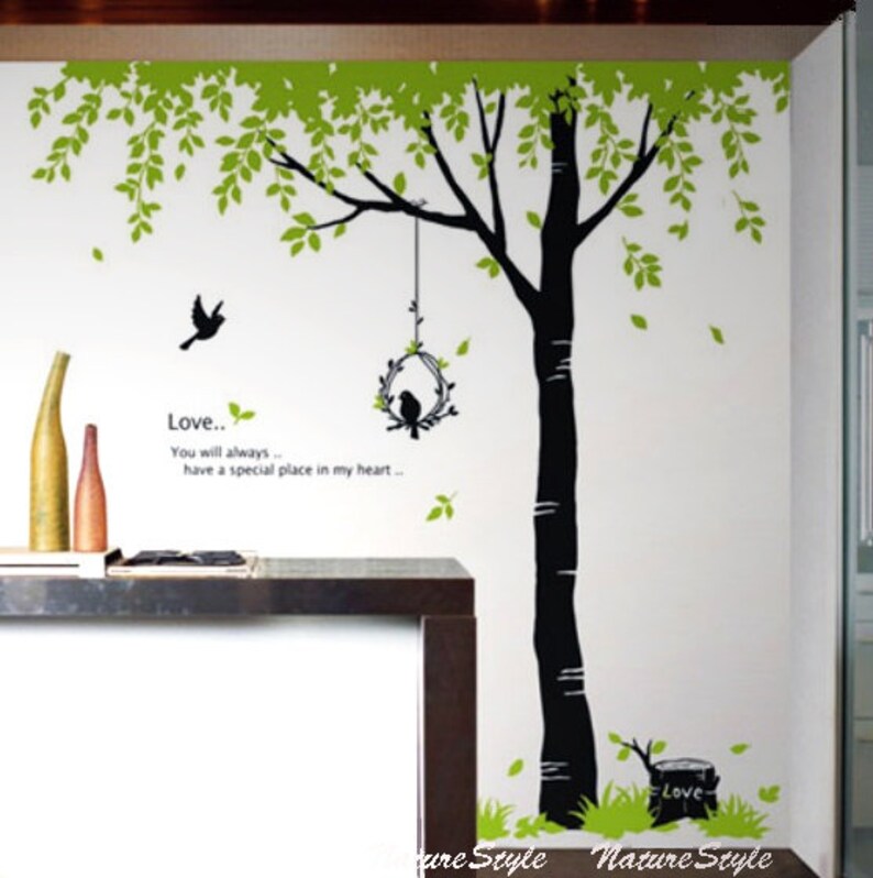 Green Tree with Flying Birds Vinyl Wall Decal wall Sticker nursery decal baby room decor birds decal children room decal image 2