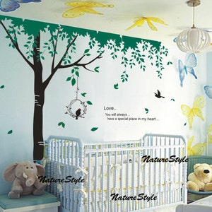 Green Tree with Flying Birds Vinyl Wall Decal wall Sticker nursery decal baby room decor birds decal children room decal image 1