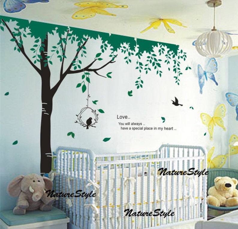 Green Tree with Flying Birds Vinyl Wall Decal wall Sticker nursery decal baby room decor birds decal children room decal image 1