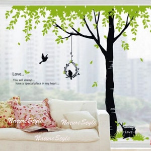 Green Tree with Flying Birds Vinyl Wall Decal wall Sticker nursery decal baby room decor birds decal children room decal image 3