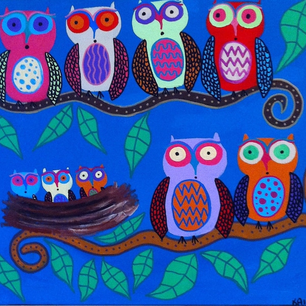 Kerri Ambrosino Art NEEDLEPOINT Mexican Folk Art  Owls in the trees with babies in a nest