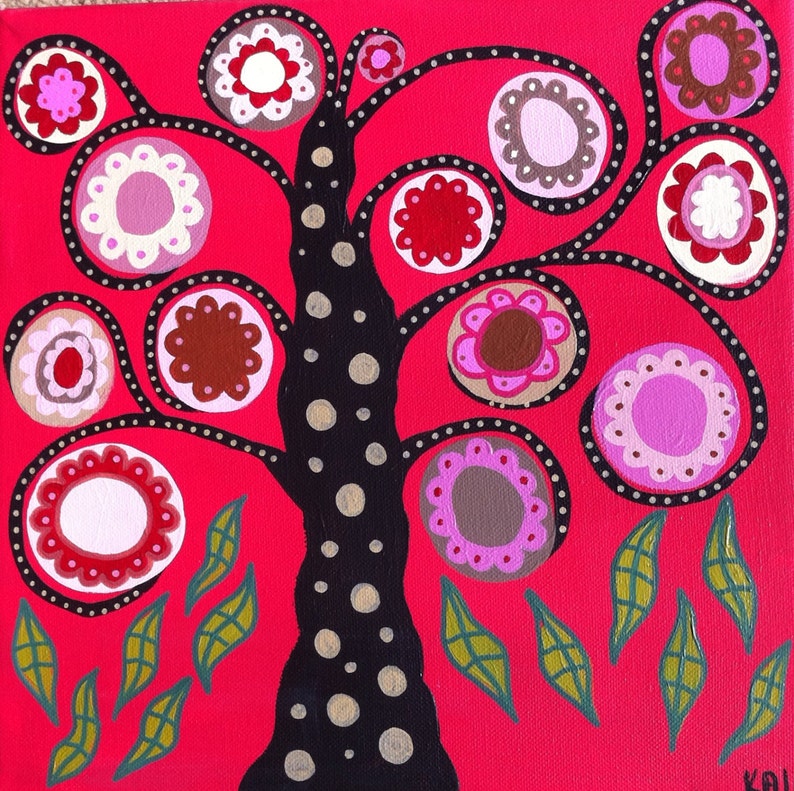 Kerri Ambrosino Art NEEDLEPOINT Mexican Folk Art Tree of Life Pink and Red Flowers image 1