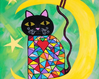 Kerri Ambrosino Mexican Folk Art "DIY" Pillows Black Cat Tied to The Moon Hearts