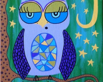 Kerri Ambrosino Art PRINT Mexican Folk Art  Owl In a Tree Leaves Moon and Stars