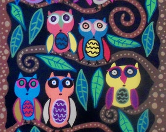 Kerri Ambrosino Mexican Folk Art PRINT Owls at Night Trees