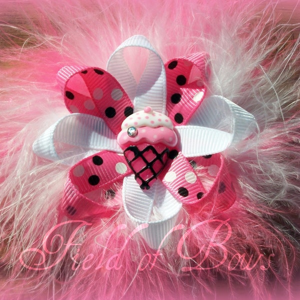 Pink and White ice cream loopy flower bow with marabou