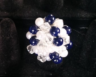 Beaded Stretch Crocheted Cocktail Ring -  Navy Stone Round Beads, White Acrylic  Pearls, and Crystal Bicone Beads  w/Silvertone Elastic Band