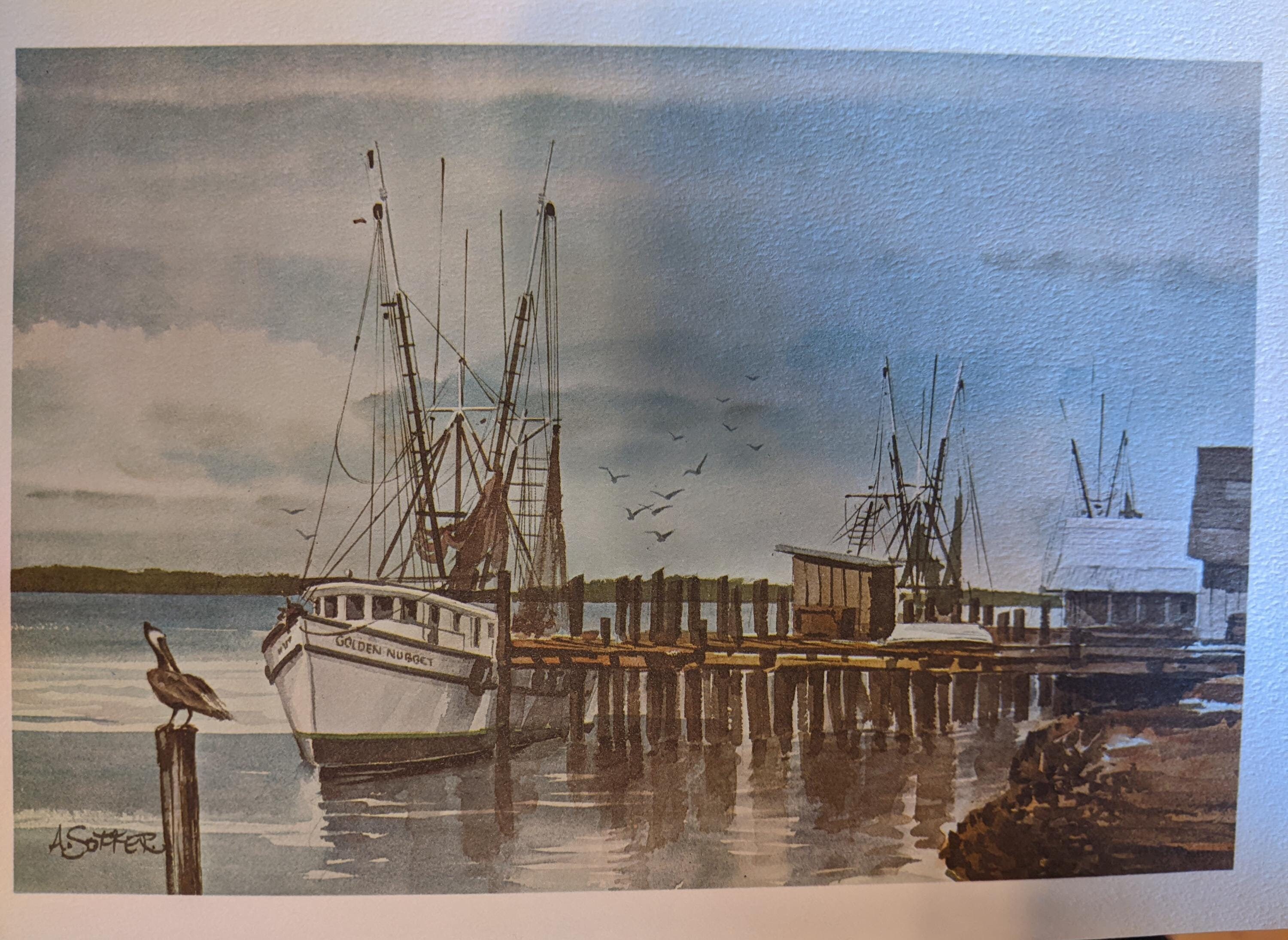 Golden Nugget Shrimp Boat:  Print of Watercolor Painting by Abraham Soffer , Award Winning Artist.