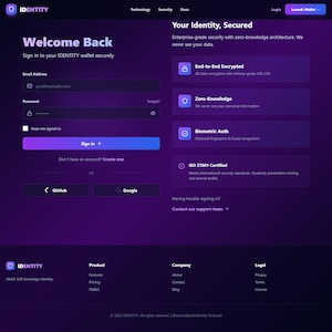 May include: A dark purple website interface with the word "IDENTITY" at the top. The page features a login form with fields for email and password, and a "Sign In" button. The site promotes end-to-end encryption, zero-knowledge, and biometric authentication.