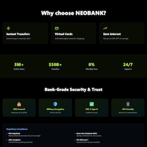 Może przedstawiać: Ciemnozielona i czarna strona internetowa promująca aplikację NEOBANK. Strona podkreśla funkcje takie jak natychmiastowe przelewy, wirtualne karty i odsetki. Interfejs aplikacji pokazuje ekran powitalny z saldem 2847 $.