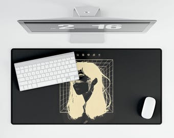 Cyberpunk Girl Desk Mat, Large Mouse Pad, Anime Office Decor, Minimalist Grid Art Desk Pad, Vaporwave Tech Gift, Aesthetic Gaming Setup