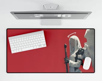 Divine Retribution - Angel Warrior Anime Mousepad, Gothic Fantasy Desk Mat, Red Aesthetic Gaming Setup, Large Extended Mouse Pad