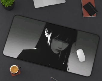 Dark Anime Girl Woven Mousepad - Gothic Aesthetic Desk Mat, Moody Manga Art, Otaku Room Decor, Large Gaming Desk Pad Gift