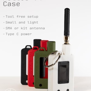 May include: A white Heltec V4 case with a black antenna and a black screen, next to black, red, and green cases. The text "Extra portable Heltec V4 Case" is at the top, with bullet points below describing features.