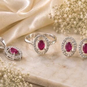 May include: A jewellery set consisting of a pendant, a ring, and a pair of stud earrings. Each piece features a central oval-cut deep red ruby surrounded by a halo of small clear white stones set in a polished silver-toned metal frame.