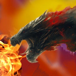 May include: Digital art of a dragon's head exhaling fire. The dragon is black with red accents, set against a fiery orange and yellow background. The dragon's mouth is open, and flames are erupting.