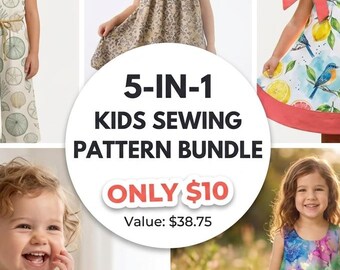 Paquete de patrones de costura 5 en 1 para vestidos infantiles en PDF, patrones para vestidos de niñas pequeñas, patrón de mono para niñas, caftán, vestido con canesú, costura para principiantes.