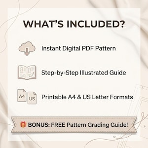 May include: An informational graphic titled WHAT'S INCLUDED? listing an instant digital PDF pattern, a step-by-step illustrated guide, and printable A4 and US letter formats. A banner at the bottom includes a gift icon and the text BONUS: FREE Pattern Grading Guide!