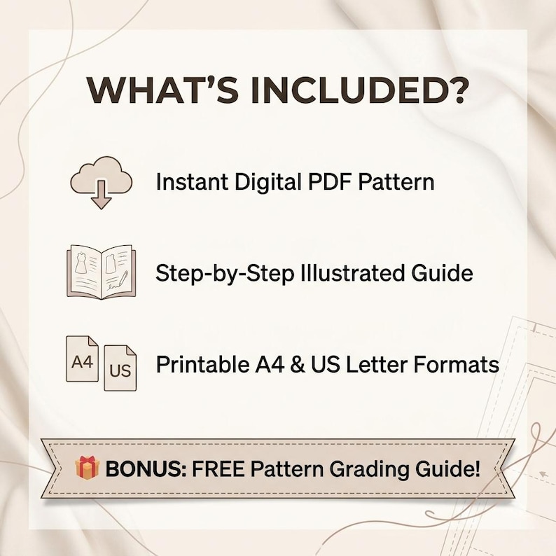 May include: An informational graphic titled WHAT'S INCLUDED? listing an instant digital PDF pattern, a step-by-step illustrated guide, and printable A4 and US letter formats. A banner at the bottom includes a gift icon and the text BONUS: FREE Pattern Grading Guide!