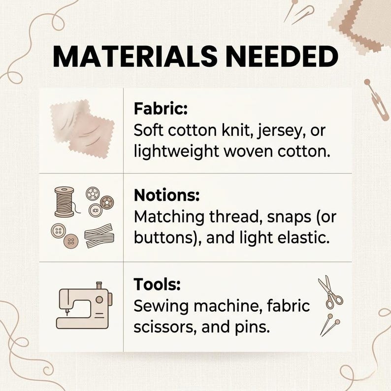 May include: An informational graphic titled MATERIALS NEEDED listing sewing supplies. It includes icons for fabric, thread, buttons, and a sewing machine, with text specifying soft cotton knit, jersey, woven cotton, thread, snaps, buttons, elastic, and tools.