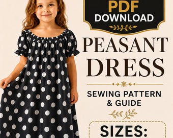 Patrón de costura en PDF para vestido de niña / Patrón fácil para vestido campesina de verano para niñas pequeñas / Vestido de verano para niñas con escote elástico / Tallas para hacer tú misma: 2-6 años
