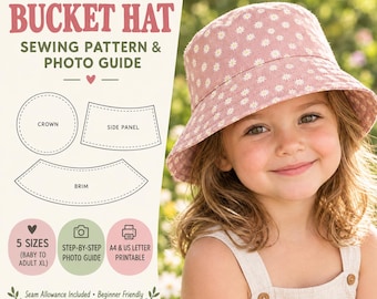Patrón de costura en PDF para sombrero tipo pescador / Patrón de sombrero reversible para el sol / 5 tallas para bebés, niños y adultos / Tutorial fácil para principiantes sobre cómo hacer un sombrero de verano