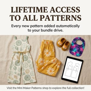 May include: A cream-colored jumpsuit with a green seashell print, yellow pants with a white daisy pattern, brown fox-themed baby shoes, a galaxy-print bib, and a tablet displaying a sewing pattern. Text reads: LIFETIME ACCESS TO ALL PATTERNS.
