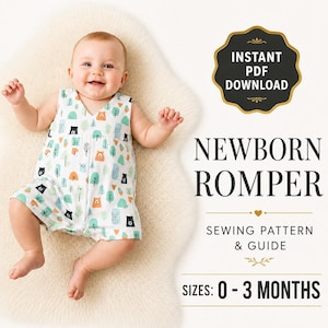 May include: A white sleeveless newborn romper featuring a repeating pattern of small bears and stylized trees in shades of green, orange, and black. Text reads: INSTANT PDF DOWNLOAD, NEWBORN ROMPER, SEWING PATTERN & GUIDE, SIZES: 0 - 3 MONTHS.