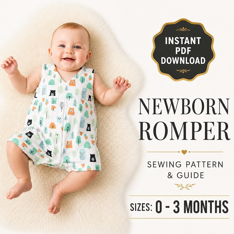 May include: A white sleeveless newborn romper featuring a repeating pattern of small bears and stylized trees in shades of green, orange, and black. Text reads: INSTANT PDF DOWNLOAD, NEWBORN ROMPER, SEWING PATTERN & GUIDE, SIZES: 0 - 3 MONTHS.