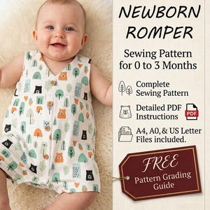 May include: A newborn romper sewing pattern for 0 to 3 months featuring a white fabric with a forest and bear print, wooden buttons, and text including NEWBORN ROMPER, Sewing Pattern for 0 to 3 Months, Complete Sewing Pattern, Detailed PDF Instructions, A4, A0, & US Letter Files included, FREE Pattern Grading Guide, and Skill Level: BEGINNER.