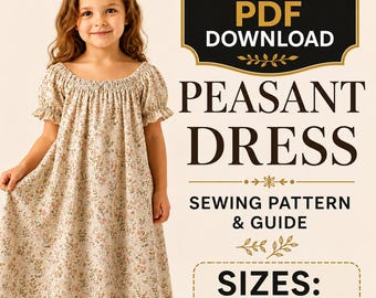 Patrón de costura en PDF para vestido campesino de niña, patrón fácil para vestido de niña pequeña, tutorial para vestido de verano infantil, vestido DIY para principiantes de 2 a 6 años.
