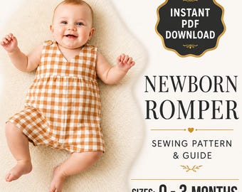 Patrón de costura en PDF para pelele de bebé / Patrón de traje de baño para bebés de recién nacidos a 3 meses / Patrón de ropa de bebé para principiantes / Descarga instantánea en tamaños A4 y Carta de EE. UU.