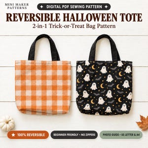 Könnte beinhalten: Ein digitales PDF-Schnittmuster für eine wendbare Halloween-Tasche, eine 2-in-1-Süßigkeitentasche. Das Bild zeigt zwei Seiten der Tasche: eine mit orange-weißem Karomuster und eine schwarze Seite mit Geistern, Fledermäusen und Monden als Motiv.