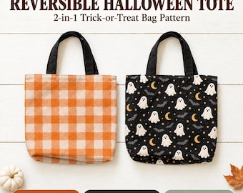 Trick or Treat Bag Sewing Pattern PDF | Reversible Halloween Tote Bag Pattern | Beginner Friendly Boxed Bottom Tote | Digital Download