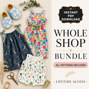 Peut inclure: Une collection de vêtements pour bébé comprenant une robe bleu foncé à motifs de lunes et de fougères, une combinaison à fleurs colorées, une barboteuse blanche à motifs d'ours et d'arbres, et des chaussons à marguerites. Texte : INSTANT PDF DOWNLOAD WHOLE SHOP BUNDLE ALL PATTERNS INCLUDED LIFETIME ACCESS.