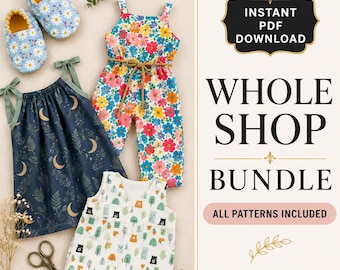 Paquete de patrones de costura para bebés y niños pequeños: pelele, vestido, pantalones, zapatos y babero (descarga en PDF).