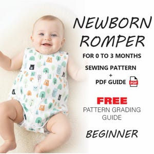 Può includere: Una tutina bianca per neonati con un motivo ripetuto di orsi e alberi in arancione, nero e verde. Il testo recita: NEWBORN ROMPER FOR 0 TO 3 MONTHS SEWING PATTERN + PDF GUIDE FREE PATTERN GRADING GUIDE BEGINNER. Modello senza maniche.