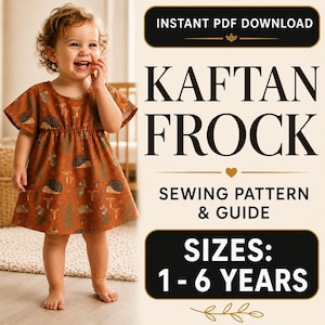 May include: A digital sewing pattern for a kaftan frock featuring a rust-colored dress with a hedgehog and mushroom print. The text reads: INSTANT PDF DOWNLOAD, KAFTAN FROCK, SEWING PATTERN & GUIDE, SIZES: 1-6 YEARS. The design includes short sleeves.