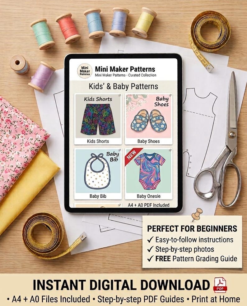 May include: A tablet displaying Mini Maker Patterns for kids and babies, including shorts, shoes, a bib, and an onesie. Surrounded by sewing supplies: colorful thread spools, fabric, a measuring tape, and scissors. Text includes A4 + A0 PDF Included.