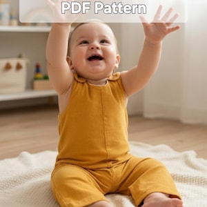 Op de afbeelding: Een lachende baby in een mosterdgele jumpsuit, zittend op een crèmekleurige deken. De baby heeft de armen omhoog. De tekst bovenaan luidt "Maten 0-12 maanden | PDF-patroon".