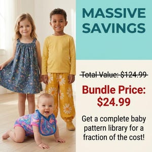 May include: A blue floral print dress, a yellow long-sleeve shirt, yellow pants with a white daisy pattern, and a multi-colored swirled print baby bodysuit with a matching bib. Text reads: MASSIVE SAVINGS, Total Value: $124.99, Bundle Price: $24.99.