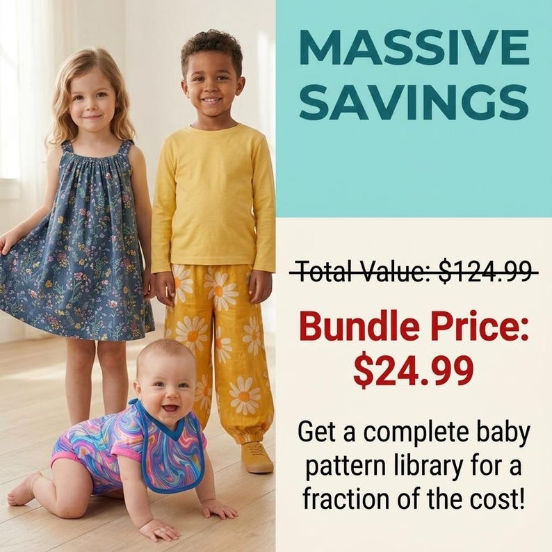 May include: A blue floral print dress, a yellow long-sleeve shirt, yellow pants with a white daisy pattern, and a multi-colored swirled print baby bodysuit with a matching bib. Text reads: MASSIVE SAVINGS, Total Value: $124.99, Bundle Price: $24.99.