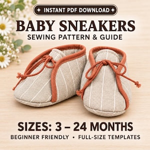 May include: A pair of baby sneakers featuring a light brown fabric with thin white vertical stripes and dark orange trim. The shoes have matching dark orange laces tied in a bow. Text reads: INSTANT PDF DOWNLOAD BABY SNEAKERS SEWING PATTERN & GUIDE SIZES: 3 - 24 MONTHS BEGINNER FRIENDLY FULL-SIZE TEMPLATES.