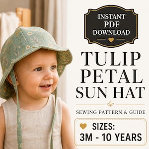 Schnittmuster für einen Tulpenhut, Sonnenhut-Schnittmuster für Babys und Kinder (PDF), Schnittmuster für einen Fischerhut mit Wellenrand, Wendbarer Blumen-Sonnenhut, Sofort-Download