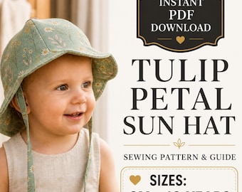 Patrón de costura para sombrero tulipán, patrón de sombrero de sol para bebés y niños en PDF, patrón de sombrero tipo cubo festoneado, sombrero de sol reversible con flores, descarga instantánea.