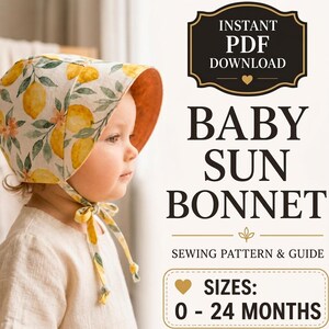 Patrón de costura en PDF para gorro de bebé / Patrón de gorro para el sol, 0-24 meses / Proyecto de costura para principiantes, gorro de sol vintage estilo cottagecore para bebé