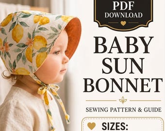 Patrón de costura en PDF para gorro de bebé / Patrón de gorro para el sol, 0-24 meses / Proyecto de costura para principiantes, gorro de sol vintage estilo cottagecore para bebé