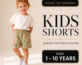 Patrón de costura para pantalones cortos infantiles, cintura elástica, proyecto fácil para principiantes (descarga en PDF)