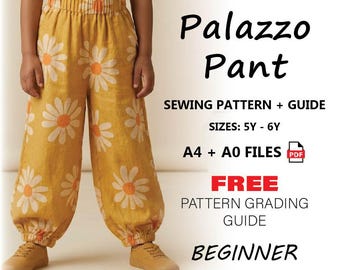 Kids Palazzo Pants Pattern PDF | Girls Wide Leg Pants Sewing Tutorial | Easy Elastic Waist Trousers | Childrens Summer Lounge Pants