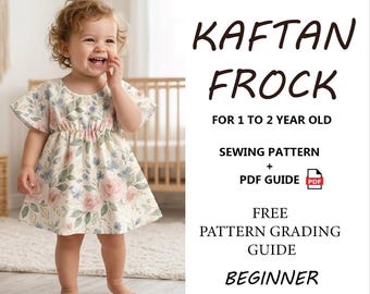 Patrón de costura para vestido caftán infantil / Tutorial en PDF para vestido de niña / Vestido de verano ideal para principiantes / 1-2 años Descarga instantánea